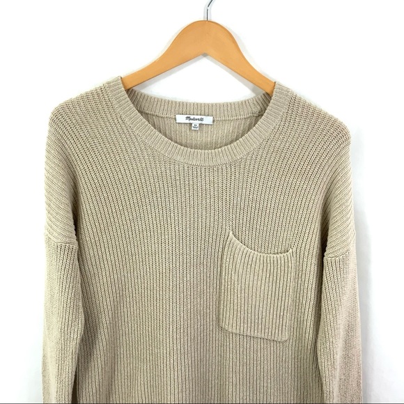 MADEWELL Ribbed Knit Sweater Thompson Pocket Pullover Sweater Fawn Oat Cream C24 - Picture 3 of 11